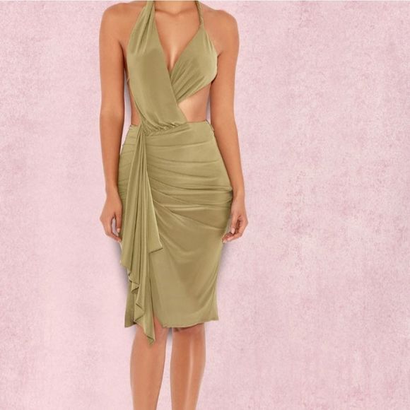 NWT House of CB London Green Wrap Dress Size Small Laureline Khaki - Picture 10 of 11